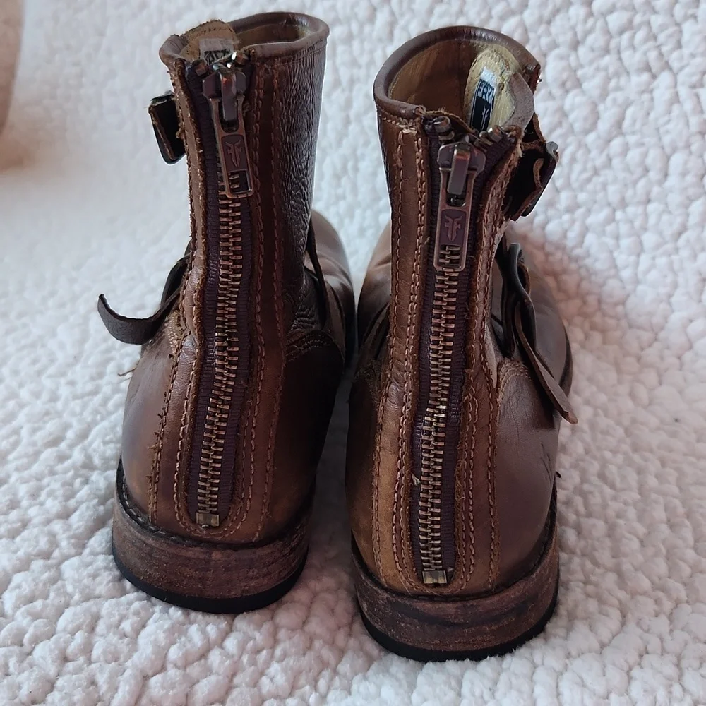 Frye Heavily Distressed Geuine Leather Buckle Detail Heeled Chunky Ankel Boots